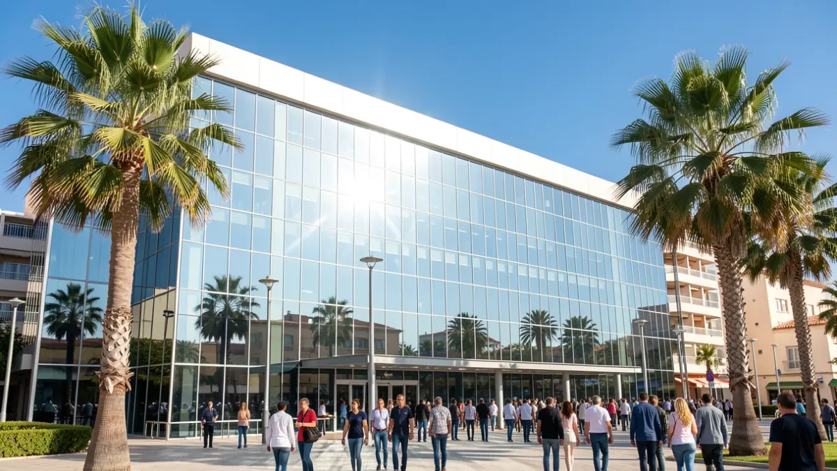 Facade of a convention center in Torremolinos, Andalusia, under bright sunlight.