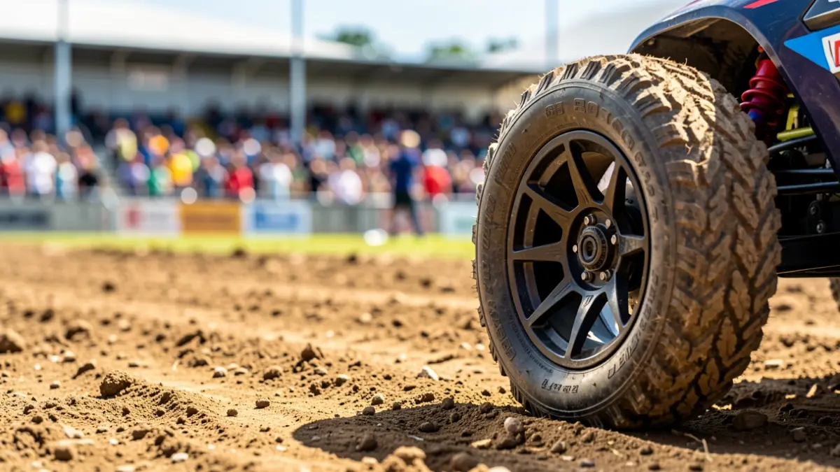 Remote-controlled car wheel on a dirt track.
