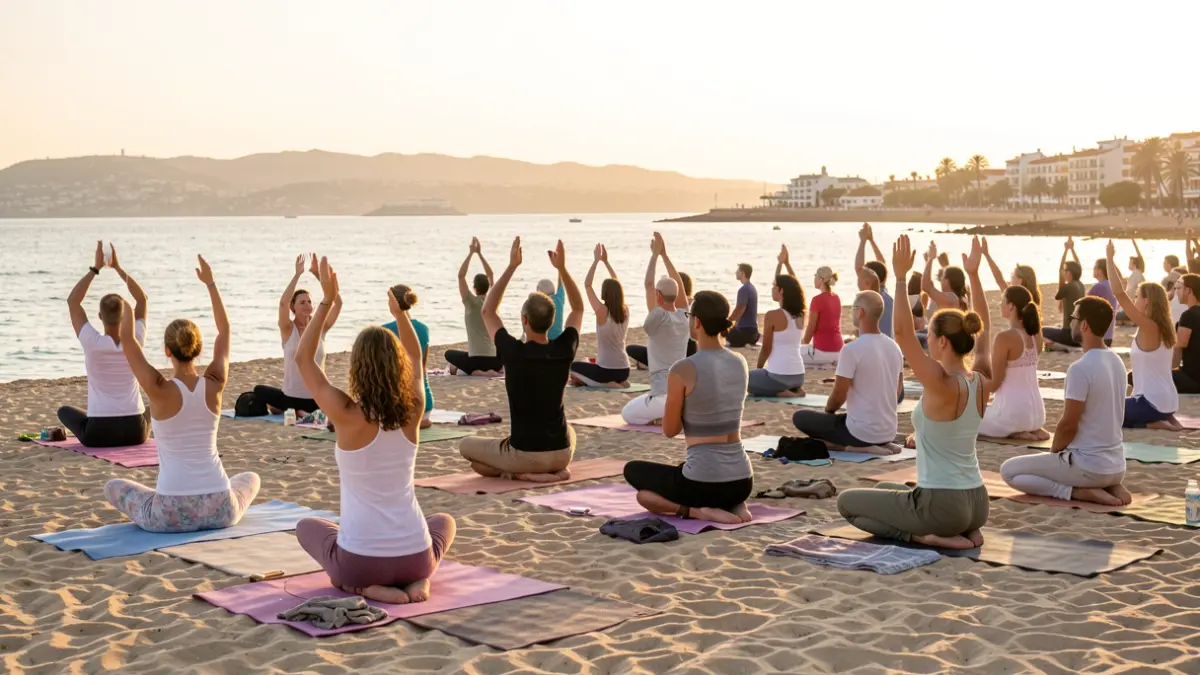 Generic image of an outdoor yoga class on an Andalusian beach at sunset.