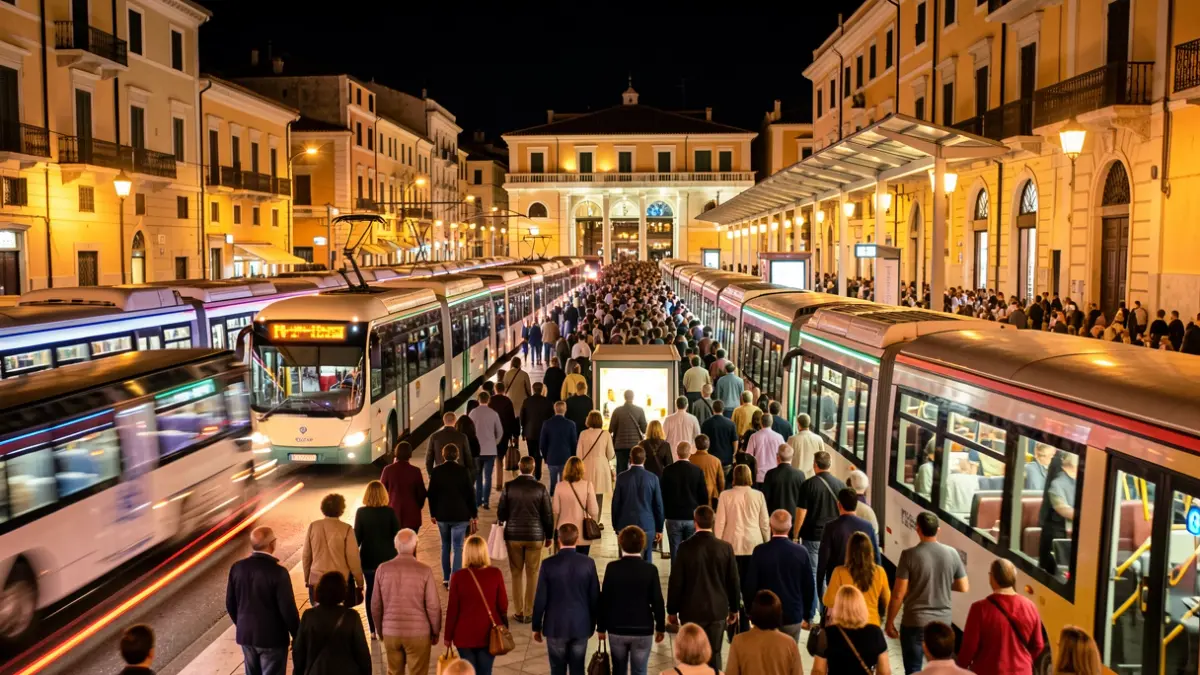 Generic image of nighttime public transport in a Mediterranean city.