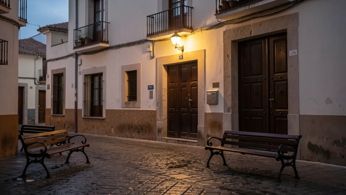 Generic image of an Andalusian town square at dusk with the town hall closed.
