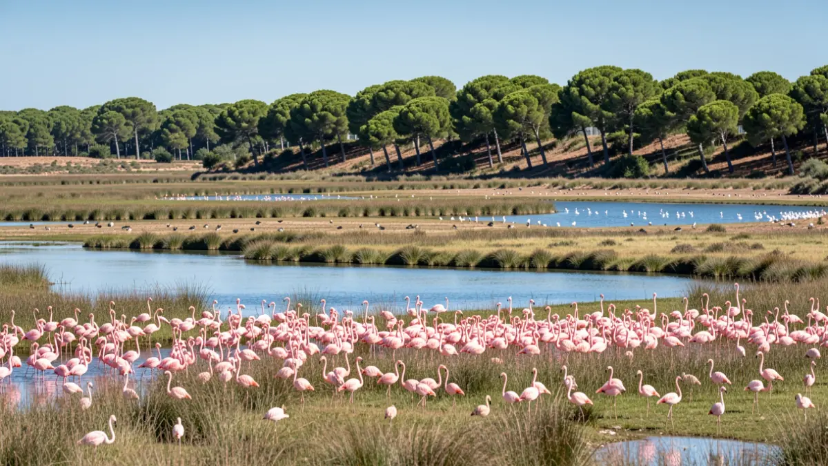 Imagen genérica de los humedales de Doñana, Huelva, con aves y vegetación diversa.