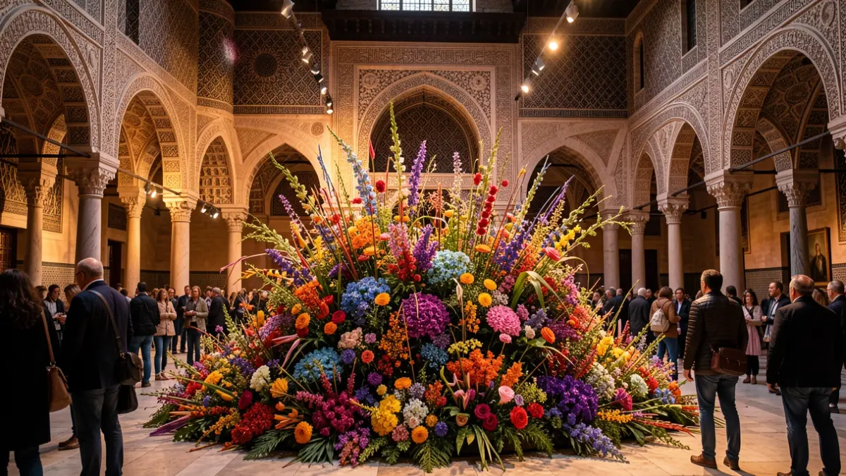 Instalación floral moderna en el interior de la Mezquita-Catedral de Córdoba, destacando la arquitectura histórica y los arreglos florales.