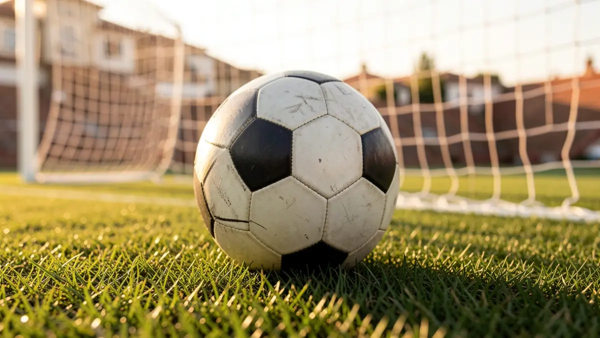 Generic image of a soccer ball on grass with the goal blurred in the background.
