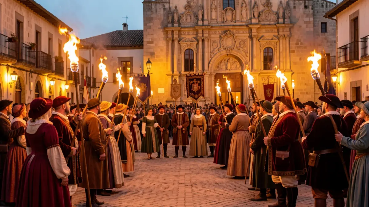 Generic image of a Renaissance historical reenactment in Úbeda with people in period costume and torches.