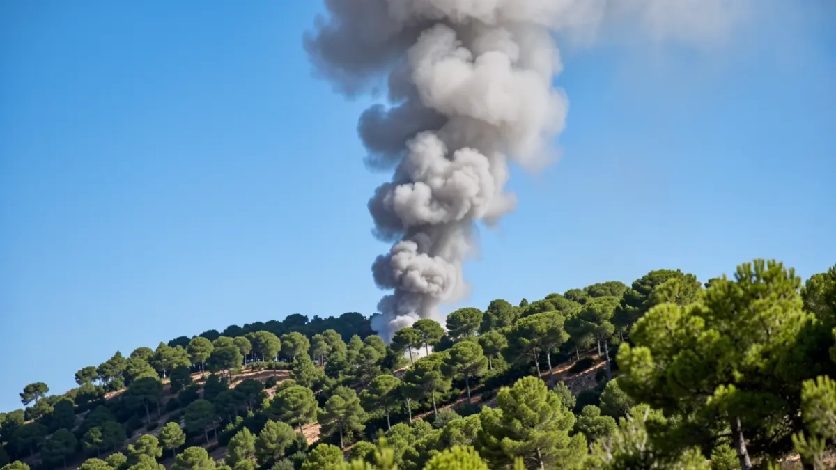 Generic image of a column of smoke over a Mediterranean forest hillside.