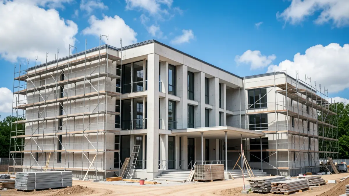 Facade of a modern music conservatory under construction in Algeciras.