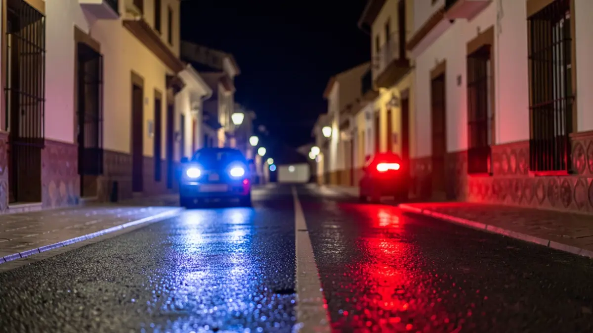 Imagen genérica de luces de emergencia policiales reflejándose en el asfalto mojado por la noche.