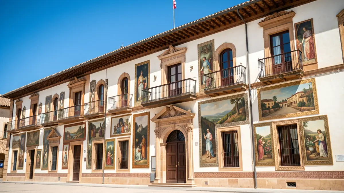 Fachada del Palacio Provincial de la Diputación de Jaén con obras de arte expuestas en balcones y paredes.