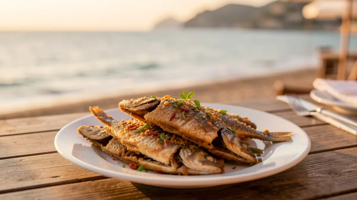 Plato de pescado frito tradicional servido en un restaurante a pie de playa en Málaga.