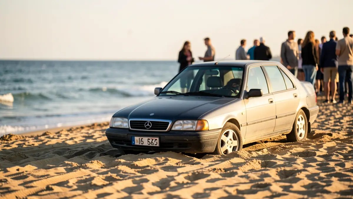 Un turismo atascado en la arena de la playa de El Palmeral, Almería, cerca de la orilla del mar.