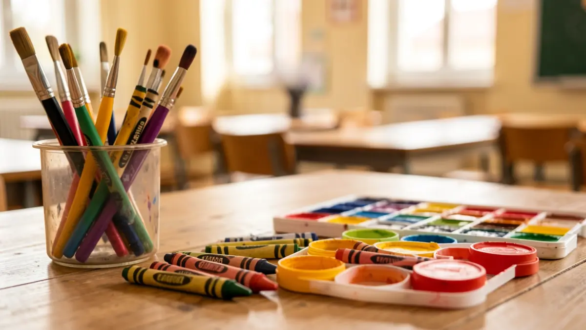 Close-up of art supplies like paintbrushes, crayons, and palettes on a wooden table, with a blurred classroom in the background.