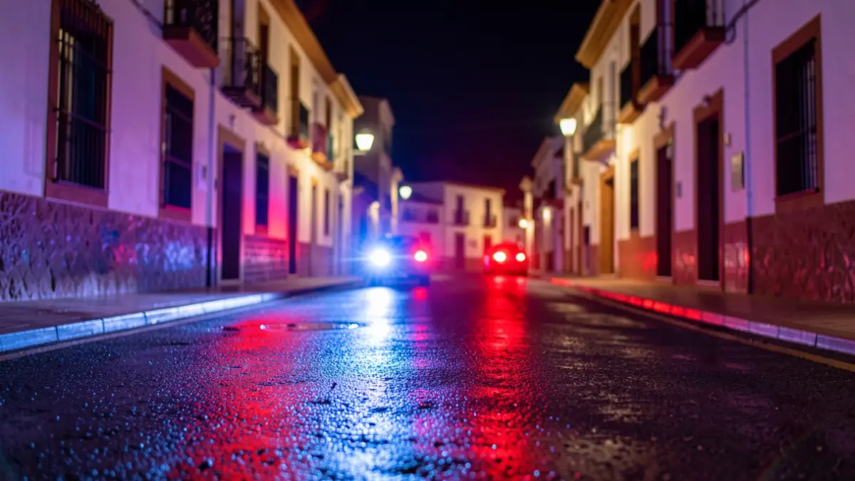 Imagen genérica de luces de emergencia policiales reflejándose en el asfalto mojado.