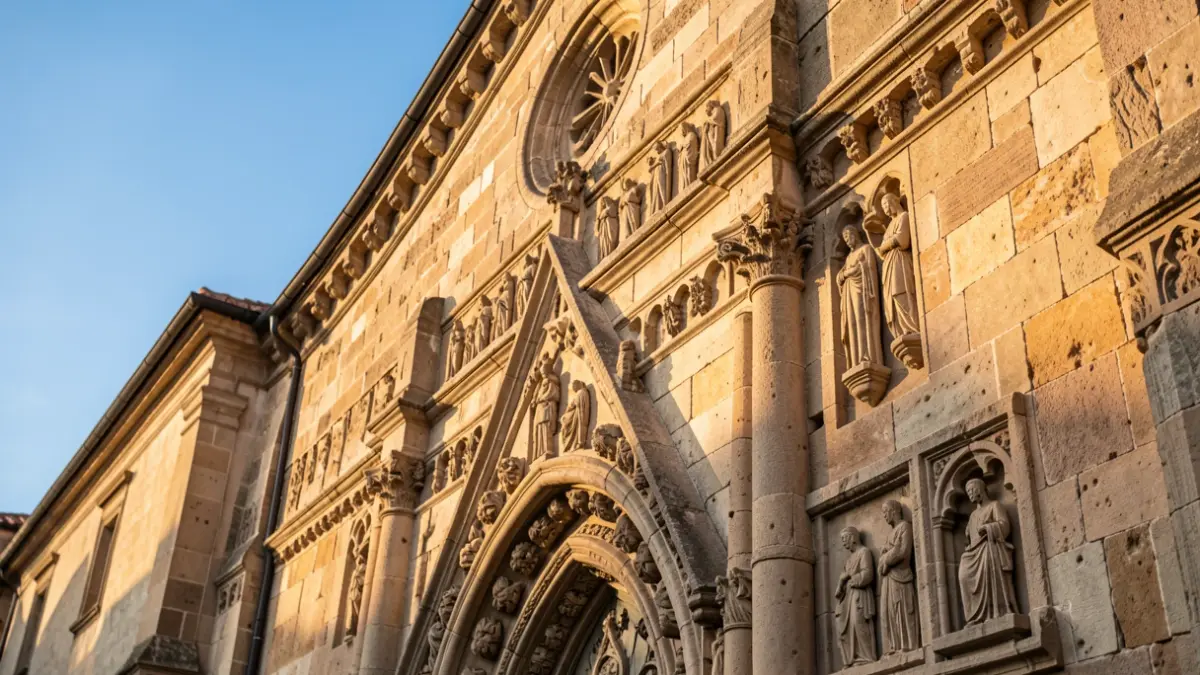 Fachada de una iglesia antigua de piedra con detalles arquitectónicos.