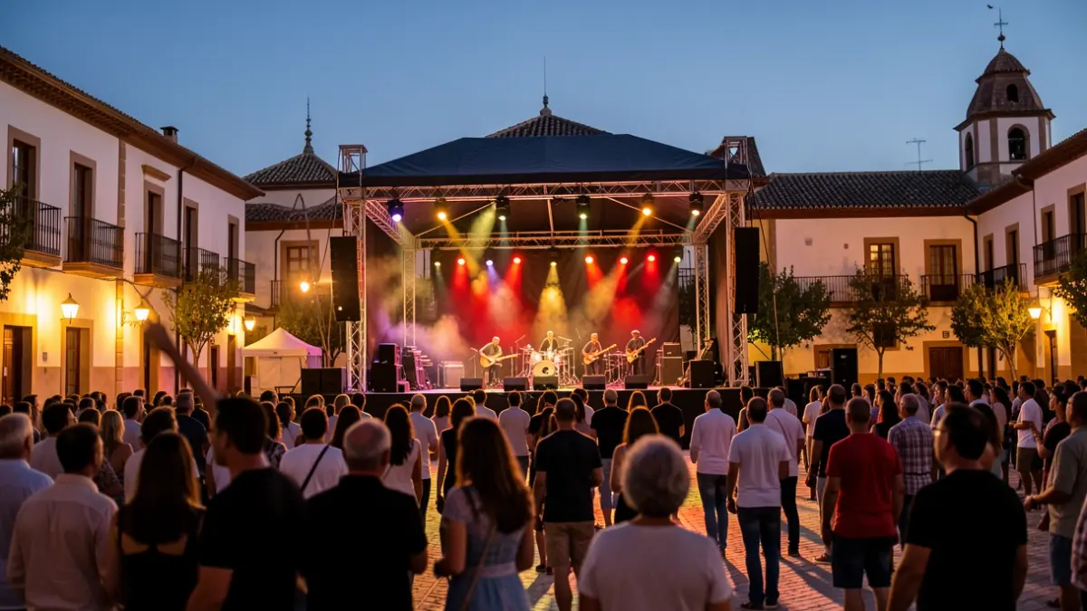 Imagen genérica de un festival de música al aire libre en una plaza andaluza al atardecer.