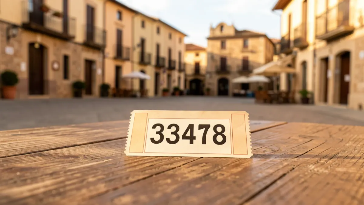 Un décimo de lotería con el número 33478 sobre una mesa de madera en una plaza de pueblo.