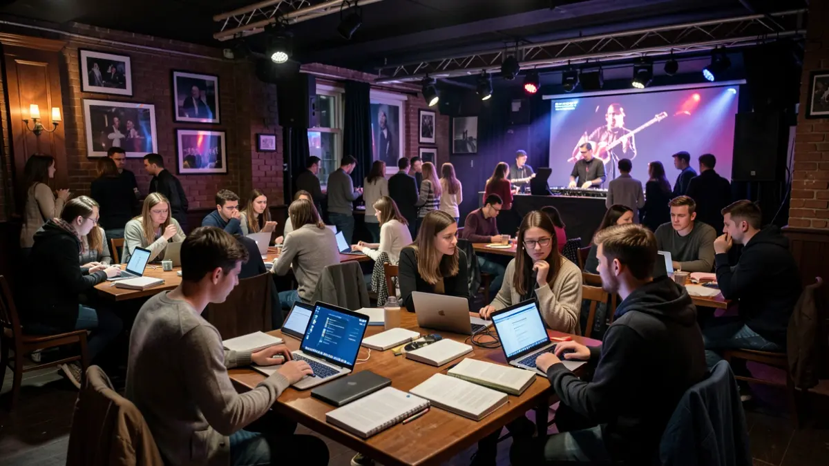 Interior de una discoteca adaptada como espacio de estudio con estudiantes.