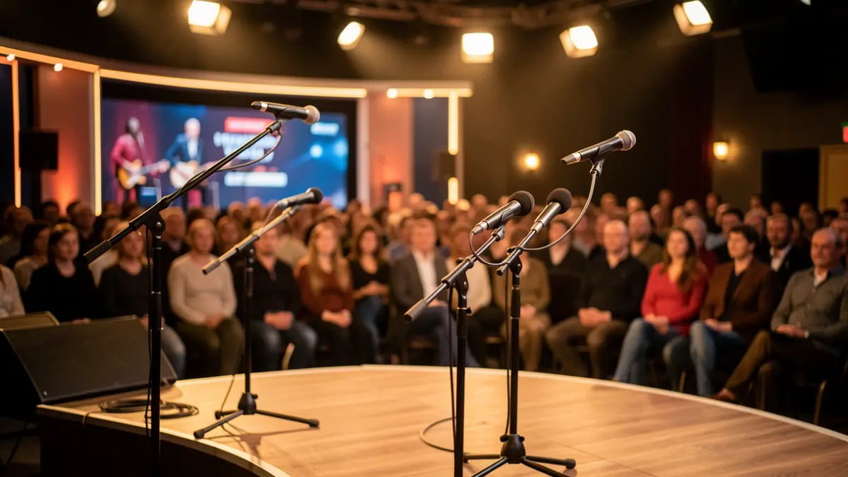Generic image of a music competition stage with warm lighting.