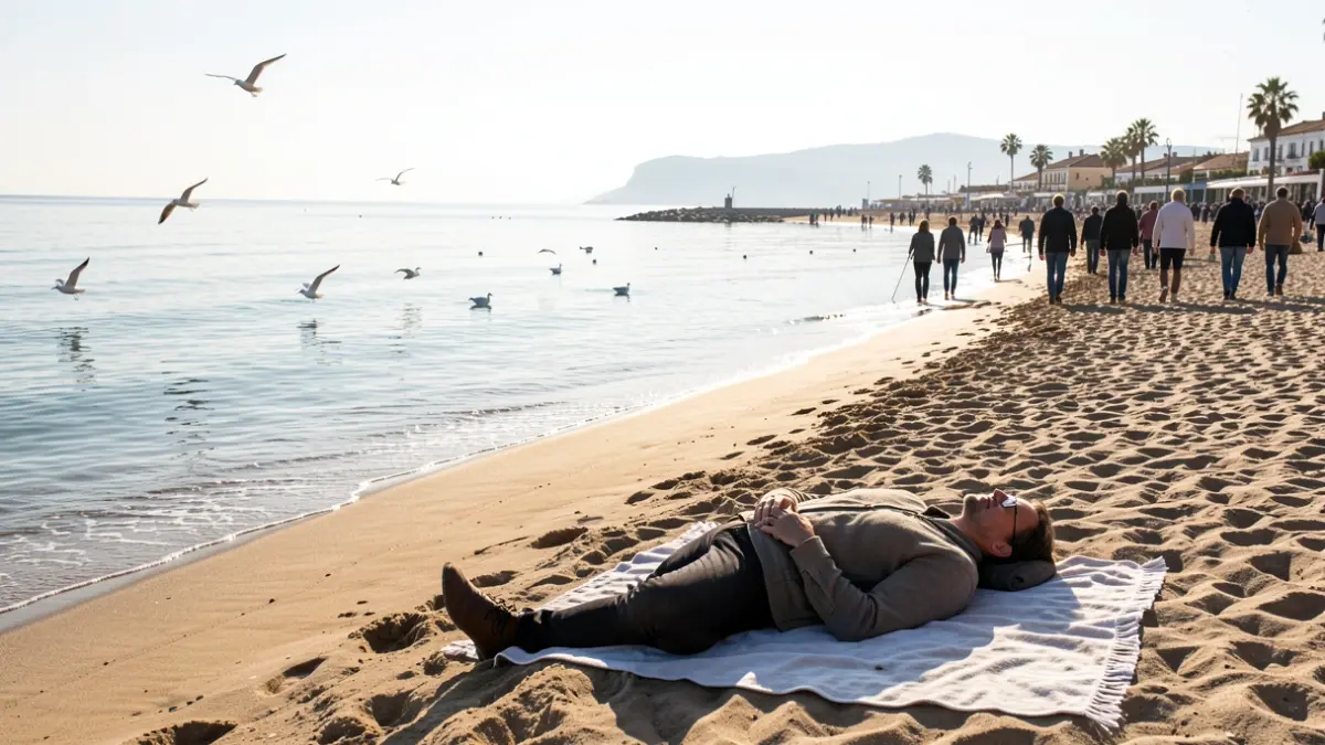 Generic image of an Andalusian beach with calm sea and a person resting on a towel.