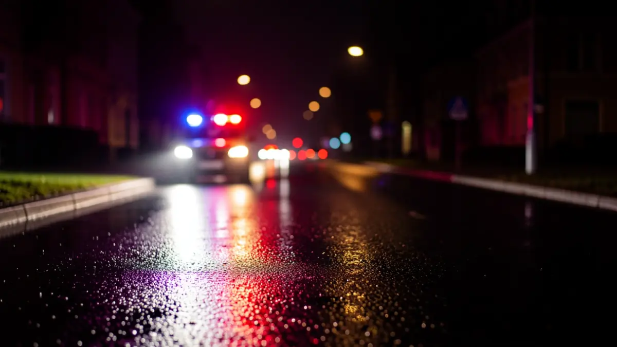 Generic image of emergency lights reflecting on wet asphalt at night.
