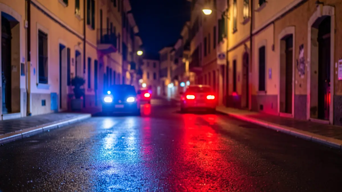 Generic image of police emergency lights reflecting on wet asphalt at night.