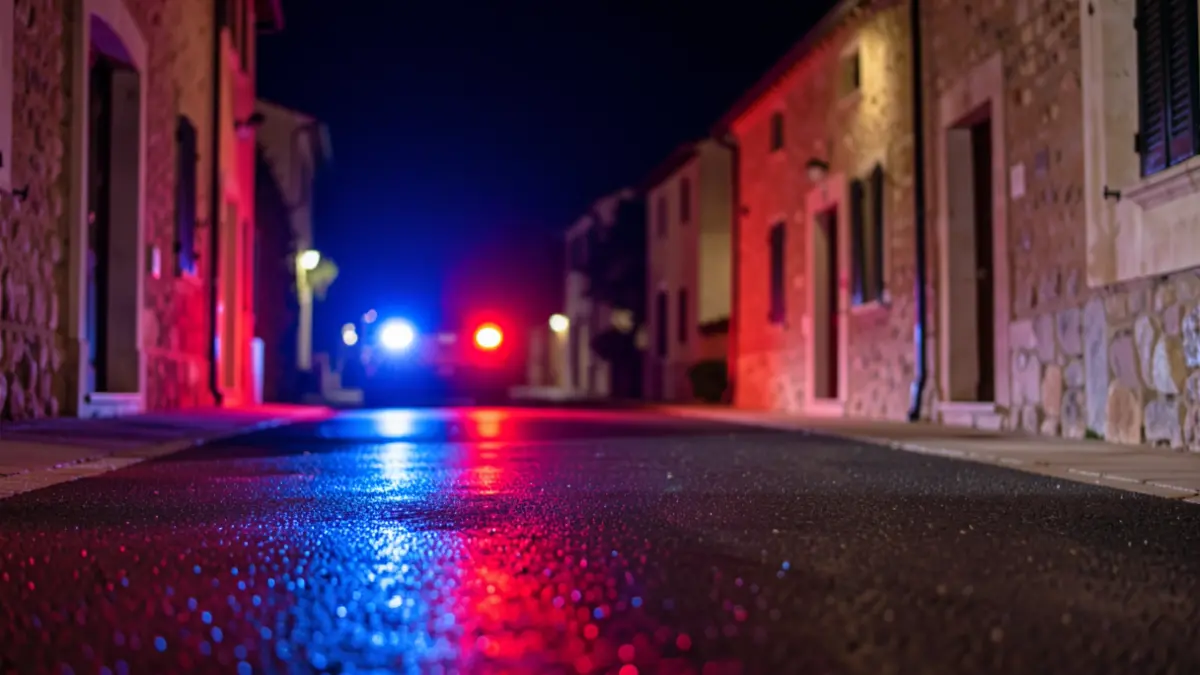 Generic image of emergency lights reflecting on asphalt at night.