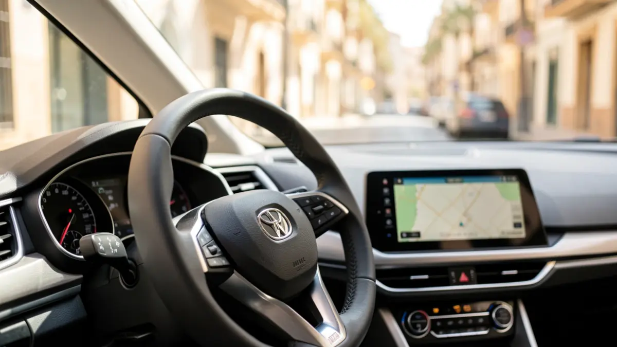 Imagen genérica de un volante de coche con un paisaje urbano español desenfocado al fondo.
