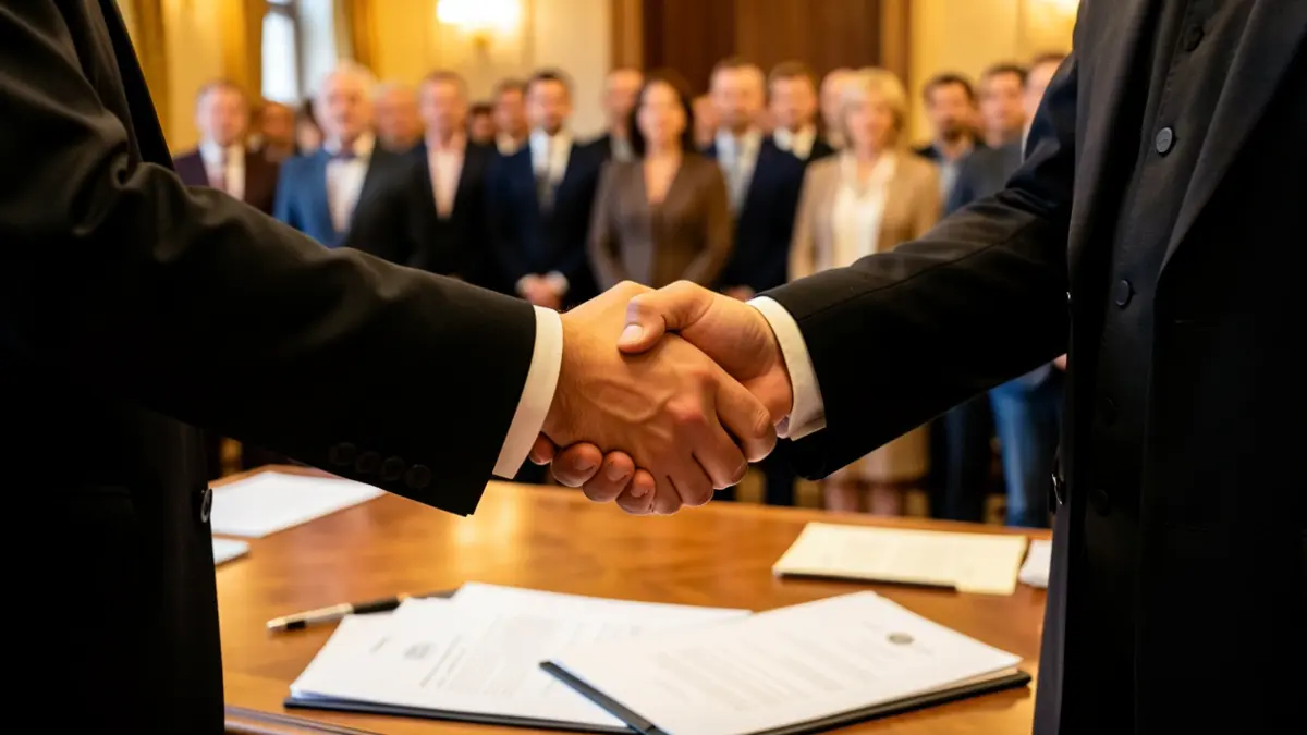 Generic image of a handshake between two people in formal attire, one wearing a clerical collar, over a table with documents.