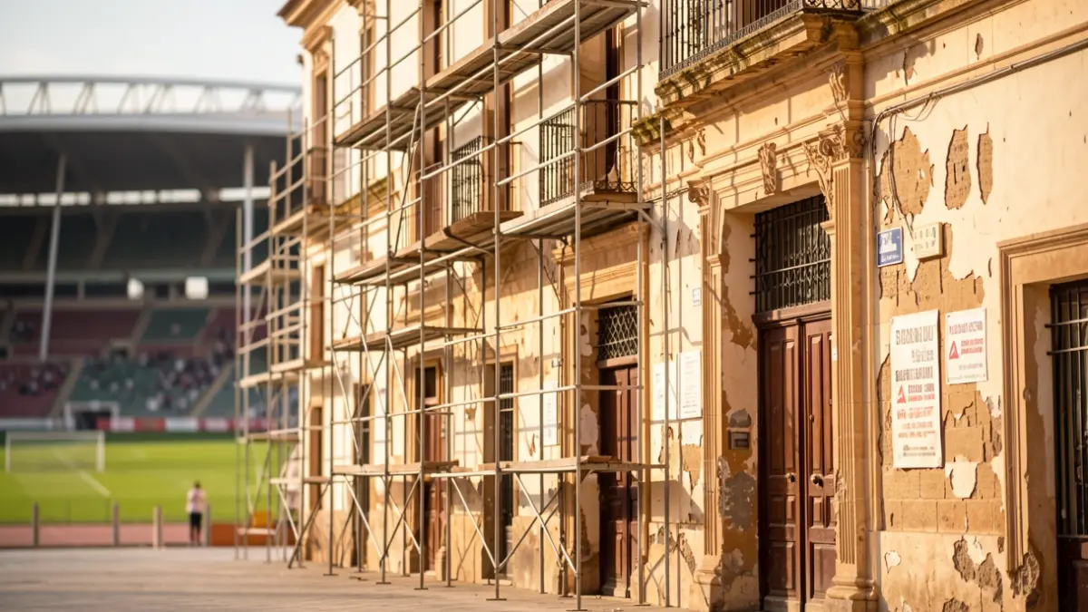 Fachada de un edificio histórico en la Plaza de San Agustín, Córdoba, con andamios y signos de deterioro, en contraste con un estadio deportivo al fondo.