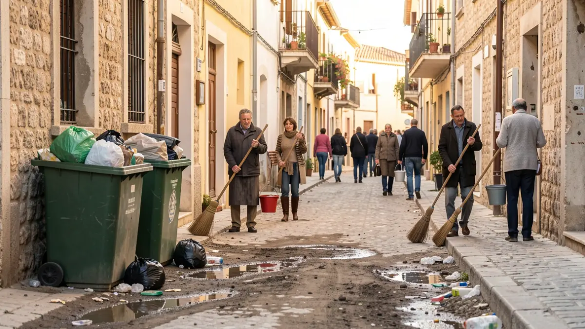 Image of residents cleaning the streets of a Malaga neighborhood in protest against dirtiness.