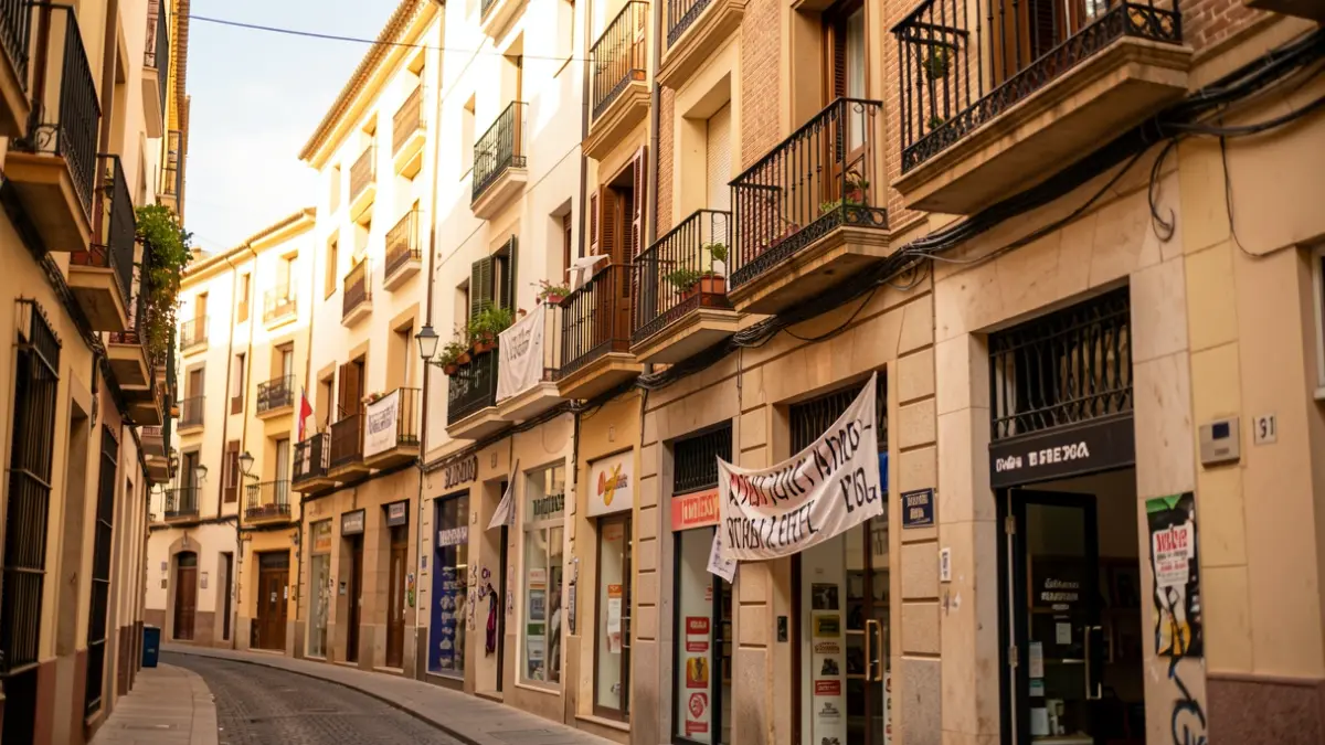 Facade of a residential building on a street in Sevilla with commercial spaces on the ground floor.