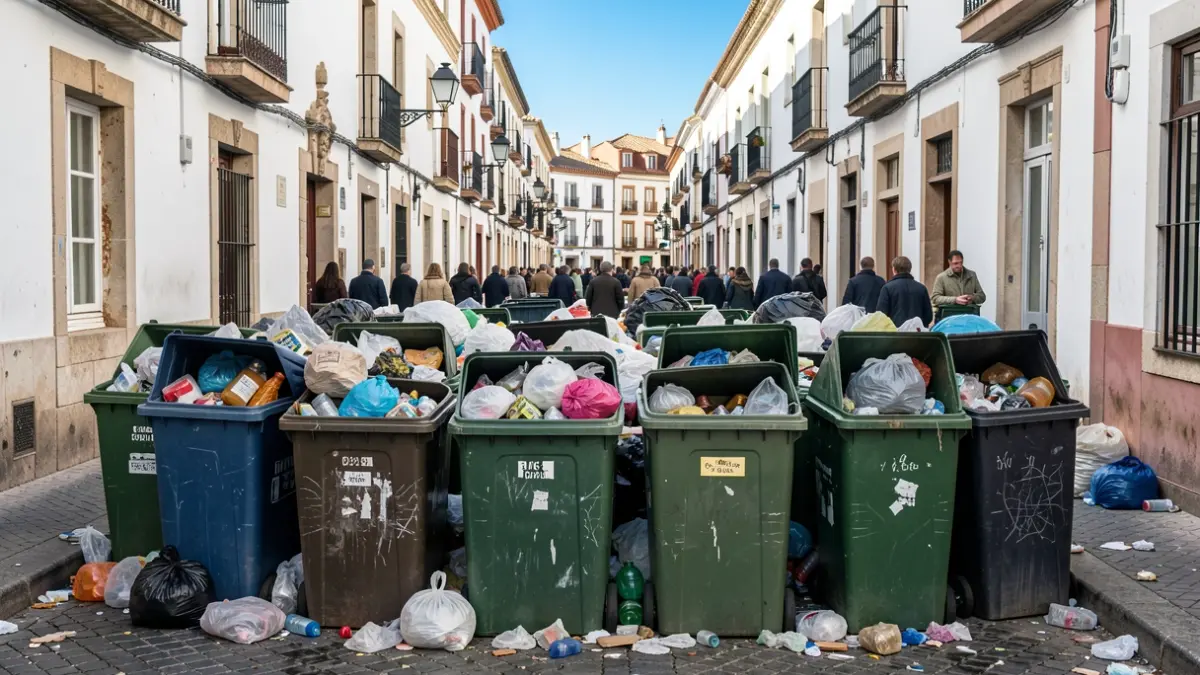 Image of 10 overflowing trash containers on a narrow street in Seville's old town.