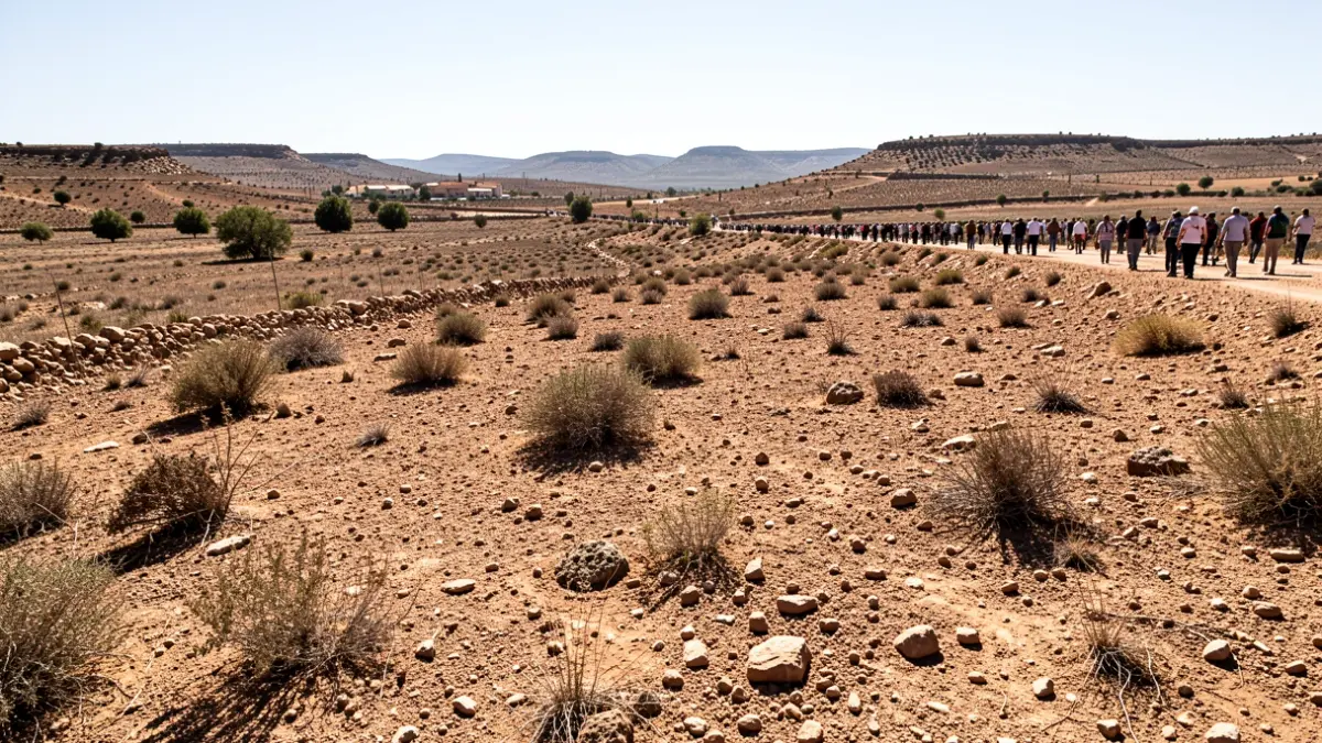 Arid landscape of the interior of Andalucía with sparse vegetation and rocky soil under an intense sun.