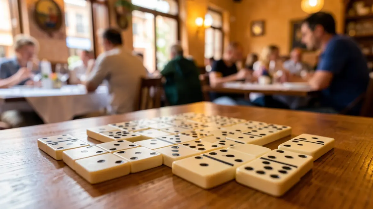 Image of domino tiles arranged on a wooden table in a restaurant setting.