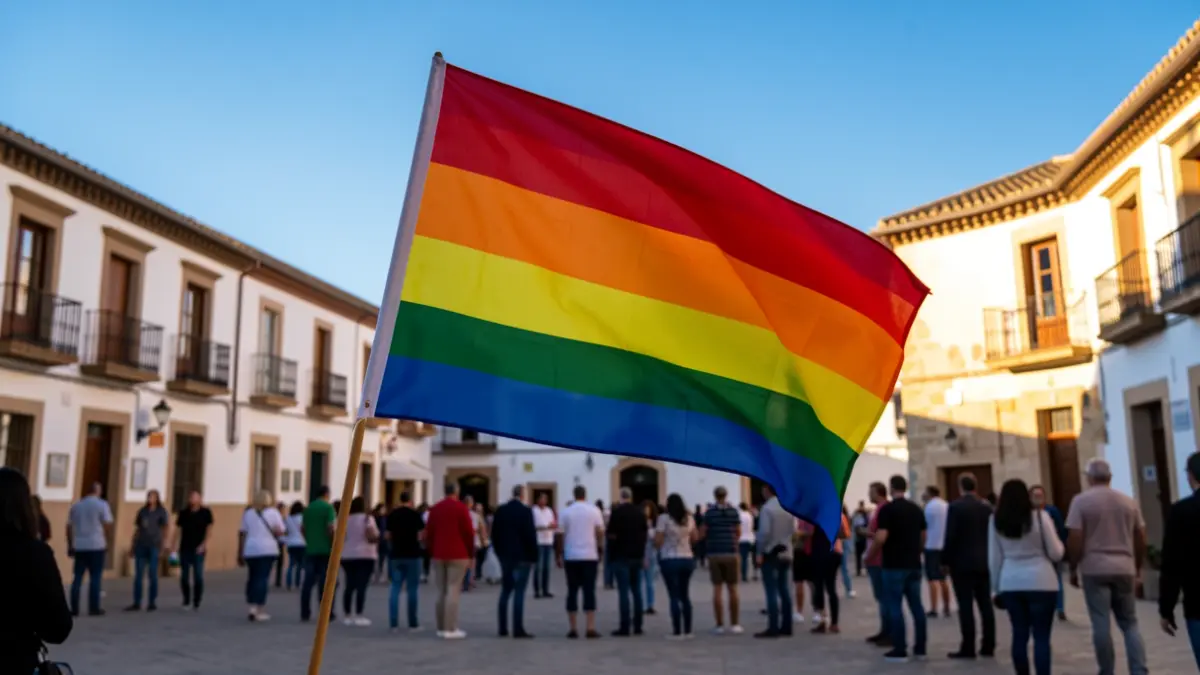 Pride LGTBIQ+ flag waving in a Vélez-Málaga square during Pride Month.
