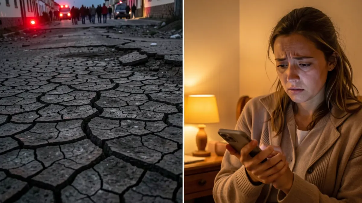 Split image: cracked earth with emergency lights and a Spanish home interior with a worried person looking at a phone.
