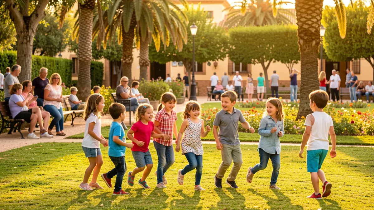 Imagen genérica de niños jugando al aire libre en un parque andaluz con sus familias.