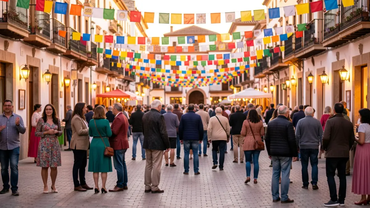 Generic image of a town square in Andalucía during a festival, with a festive atmosphere and warm lights.
