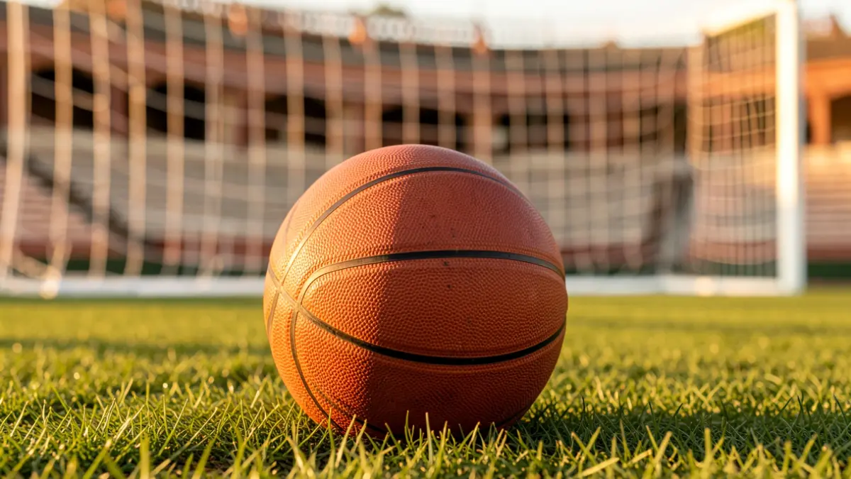 Imagen genérica de un balón de baloncesto sobre césped con una red de portería desenfocada al atardecer.
