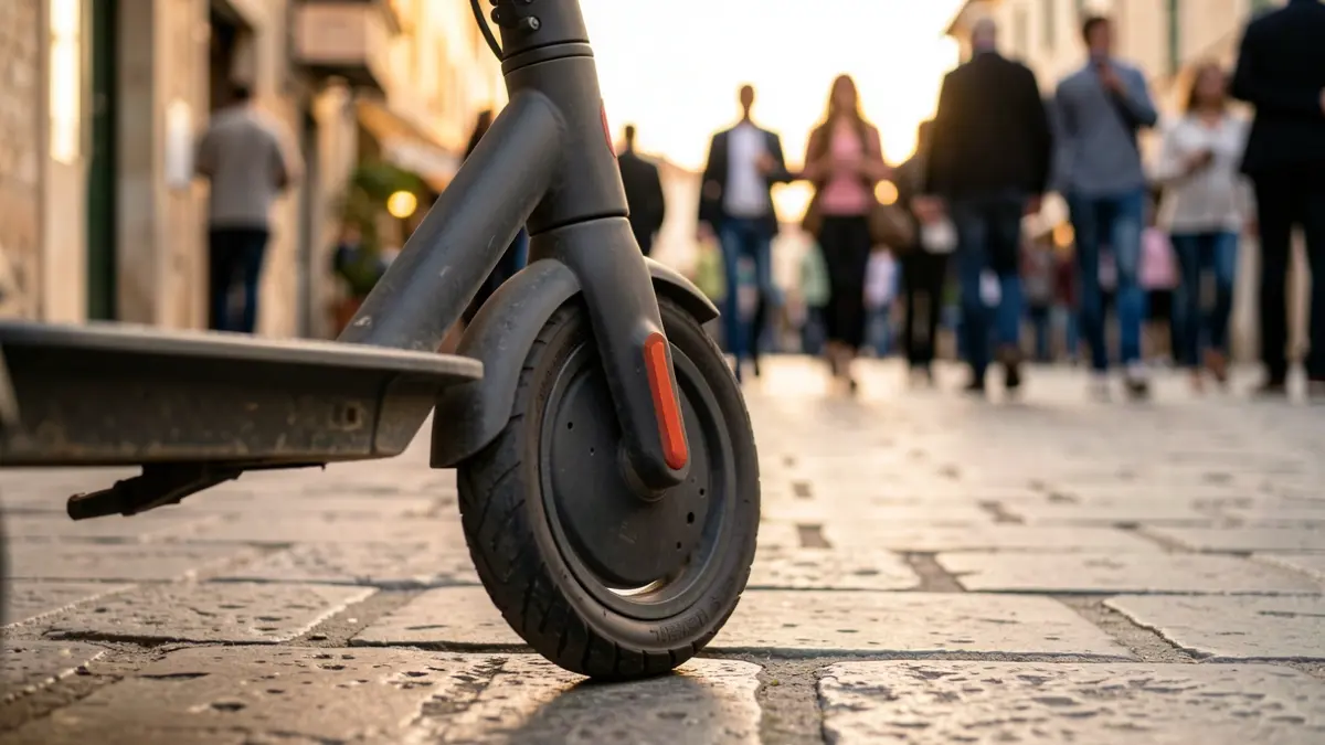Imagen genérica de una rueda de patinete eléctrico en una acera de piedra con luz cálida.