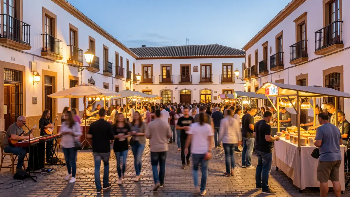 Generic image of a festive Andalusian town square with music and food stalls.
