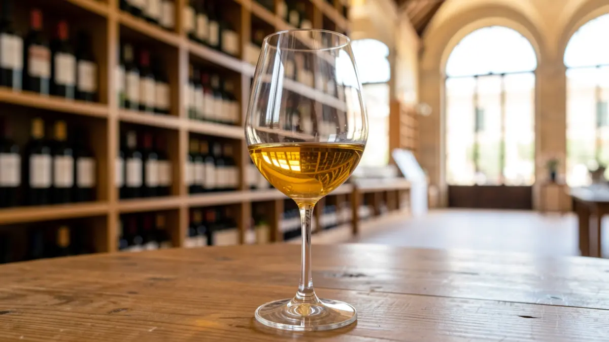 Copa de vino jerezano en primer plano con estanterías de botellas de vino desenfocadas al fondo.