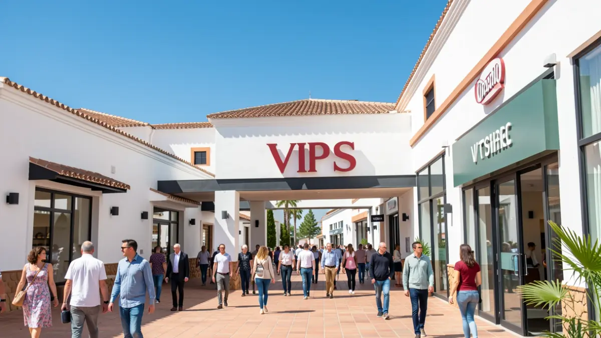 Facade of a shopping center in Malaga with the VIPS restaurant.