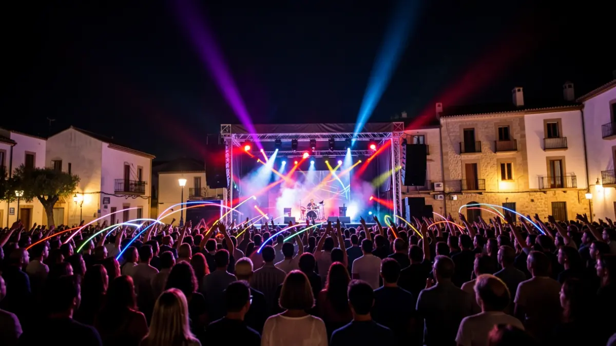 Escena nocturna de un concierto al aire libre en Huelva con público y luces.
