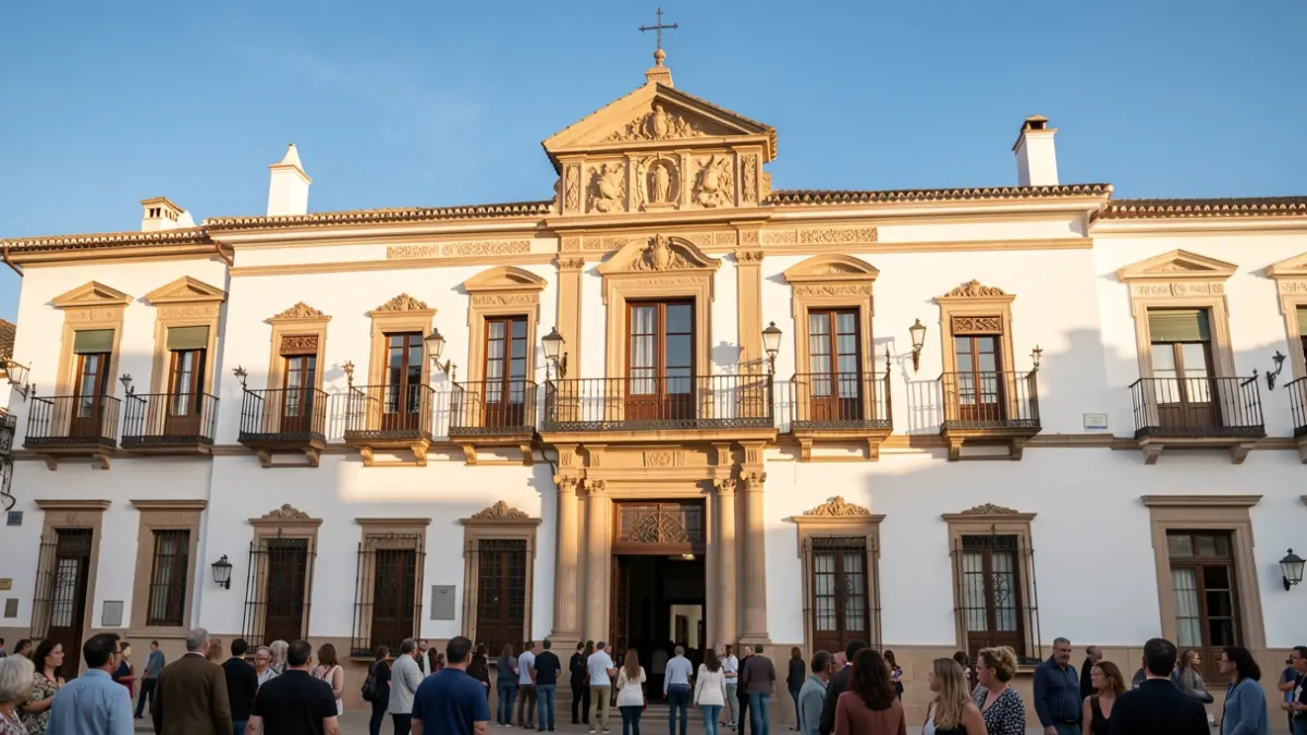 Fachada de un ayuntamiento andaluz con balcones ornamentados y paredes blancas, bajo la luz del sol de la tarde.