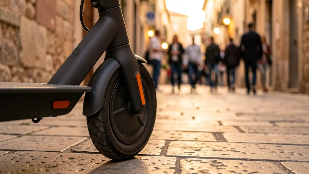 Generic image of an electric scooter wheel on a stone sidewalk with warm light.