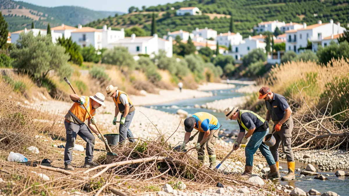 Image of volunteers collecting trash from a riverbed.