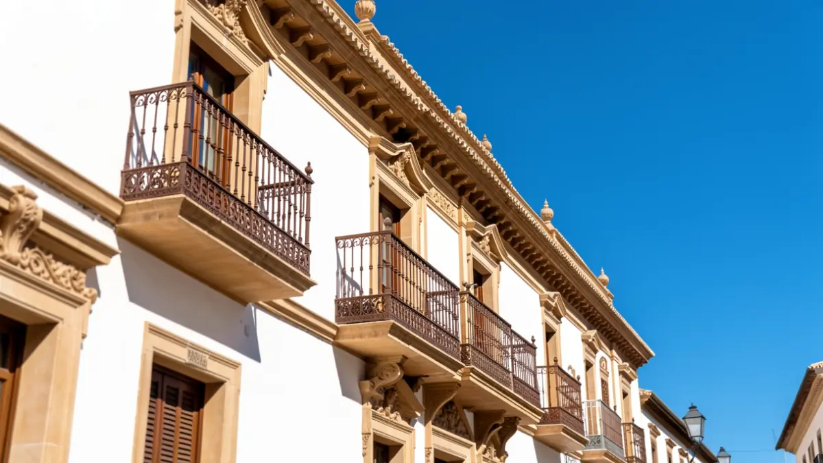 Fachada de un ayuntamiento andaluz con balcones ornamentados y paredes blancas, bajo la luz del sol.