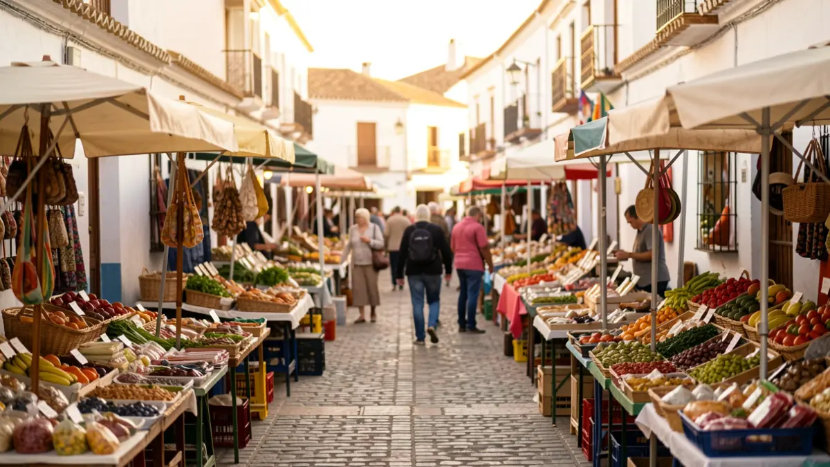 Generic image of an outdoor market in Andalucía with stalls and people.