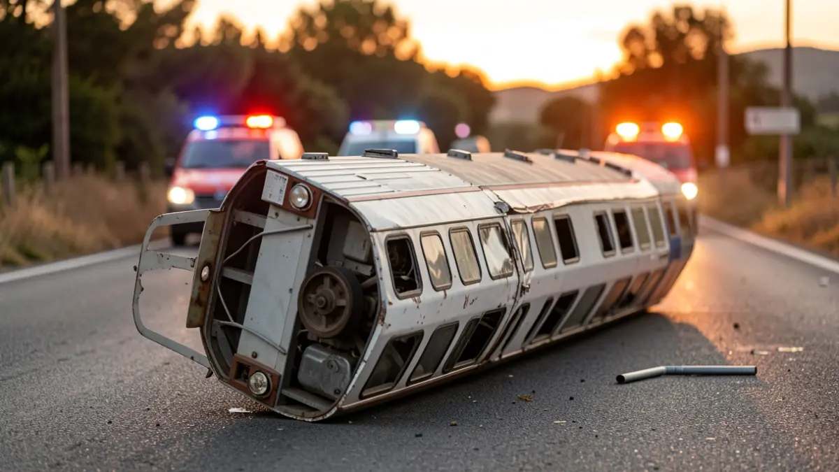 Image of an overturned tourist train carriage in Cártama after an accident.